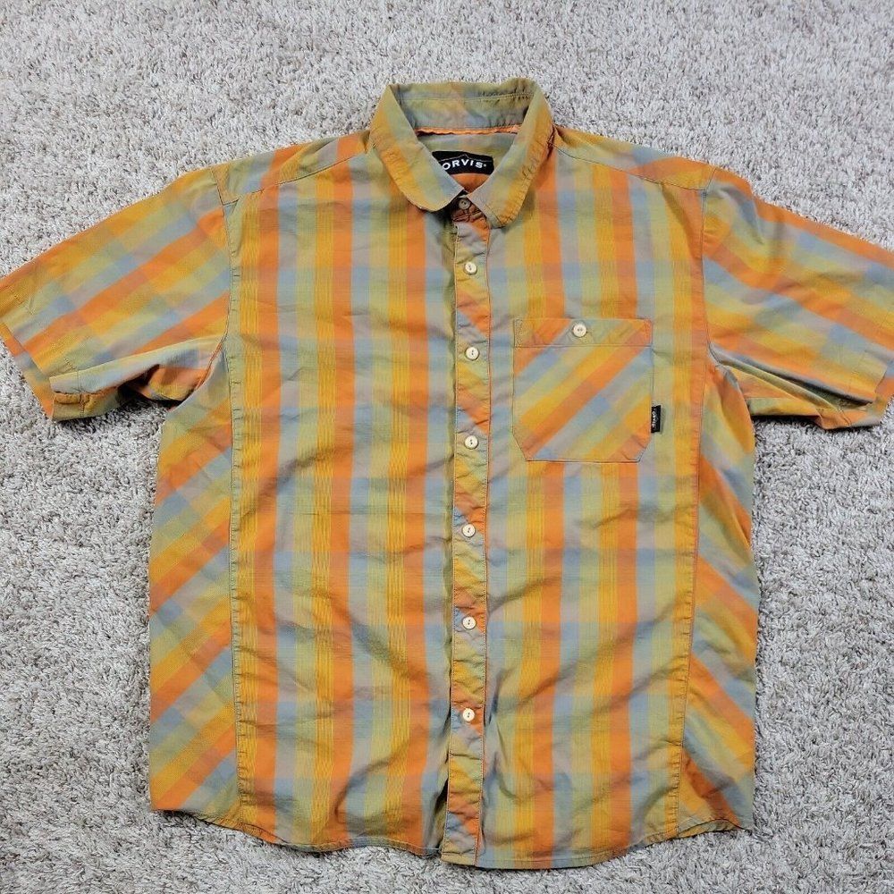 Orvis Shirt Mens Large Plaid Multicolor Cotton Polyester Short Sleeve Button Up